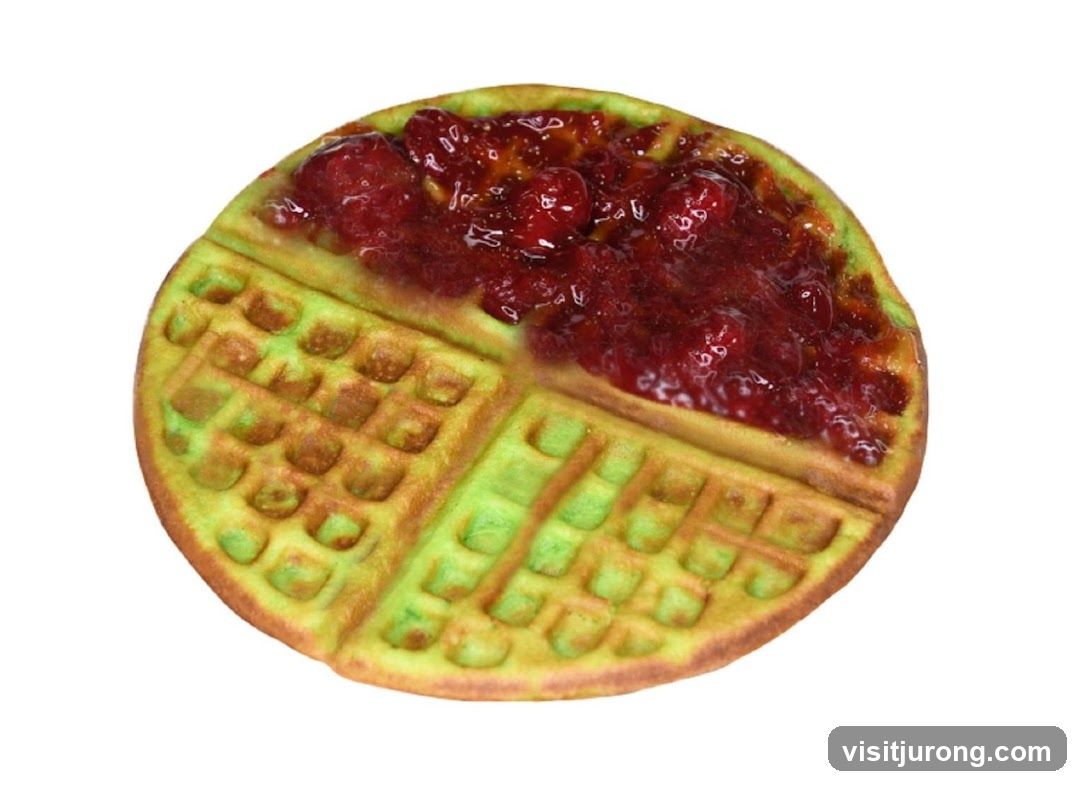 Green Waffle with Strawberry Topping