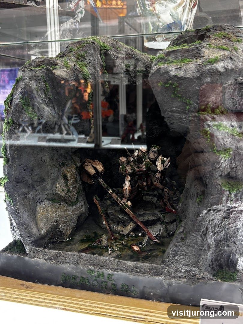 Diorama of a robot in a cave
