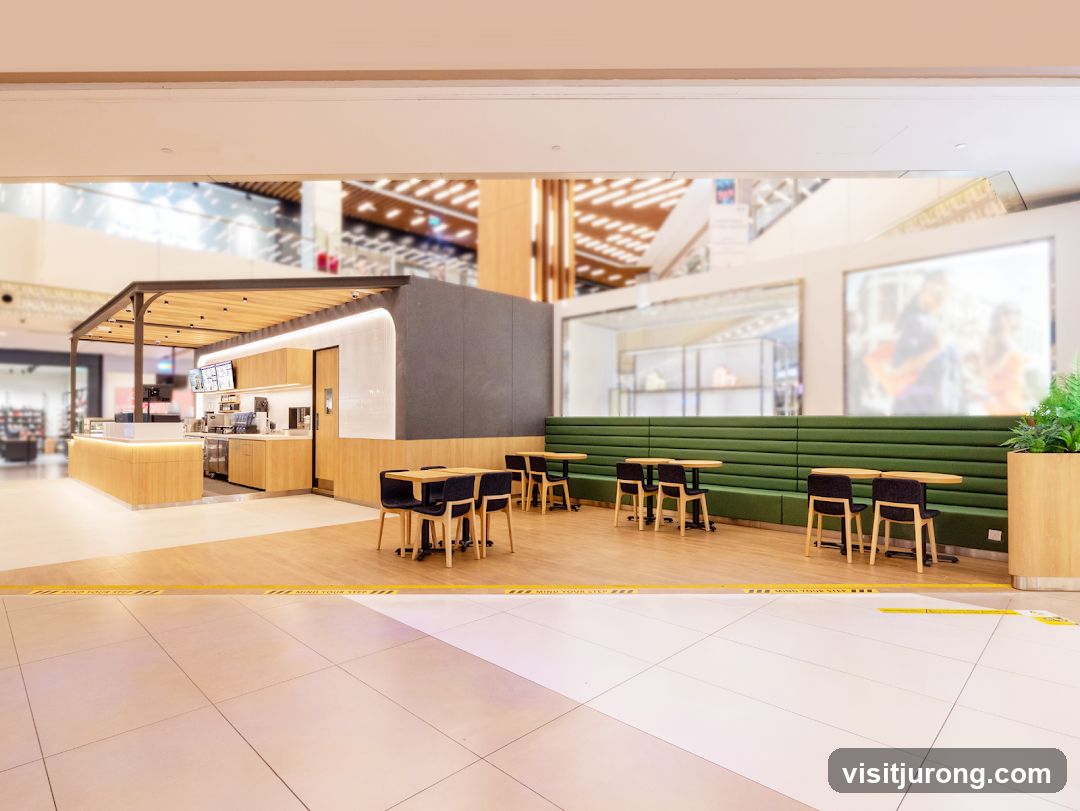 Modern cafe with seating area in a mall