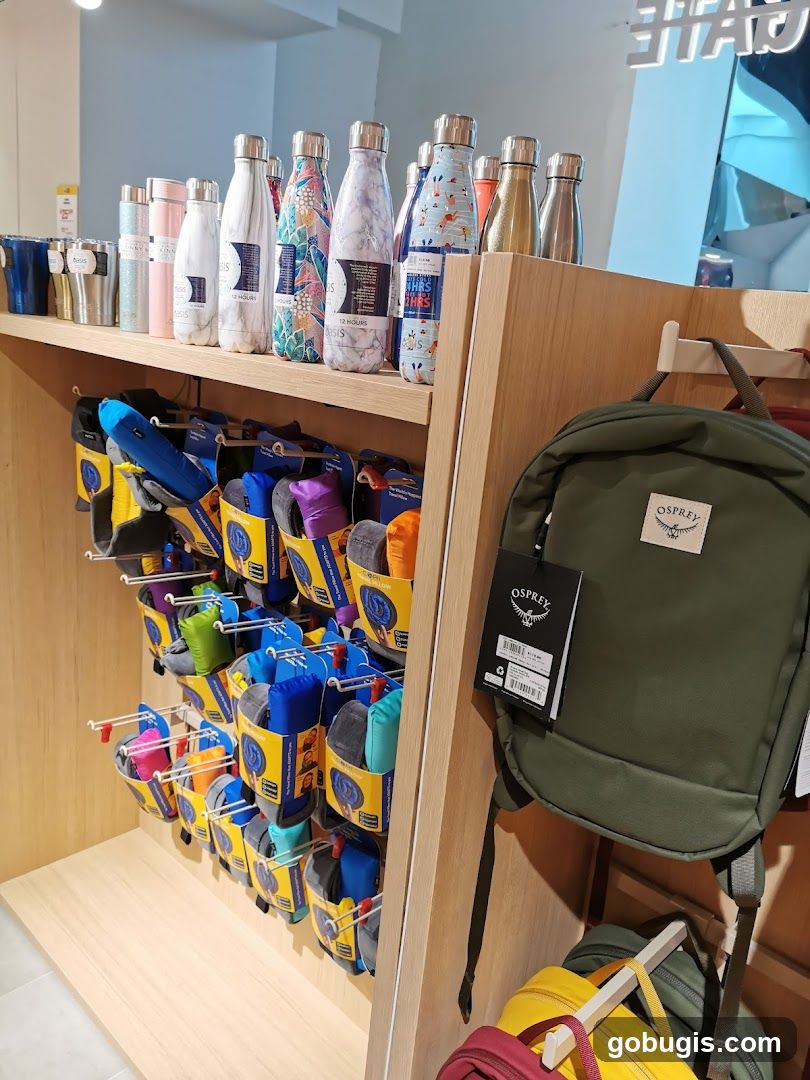 Retail Display of Water Bottles, Socks, and Backpacks