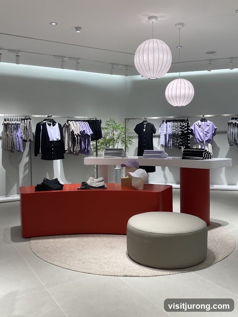 Clothing store interior with display racks and seating