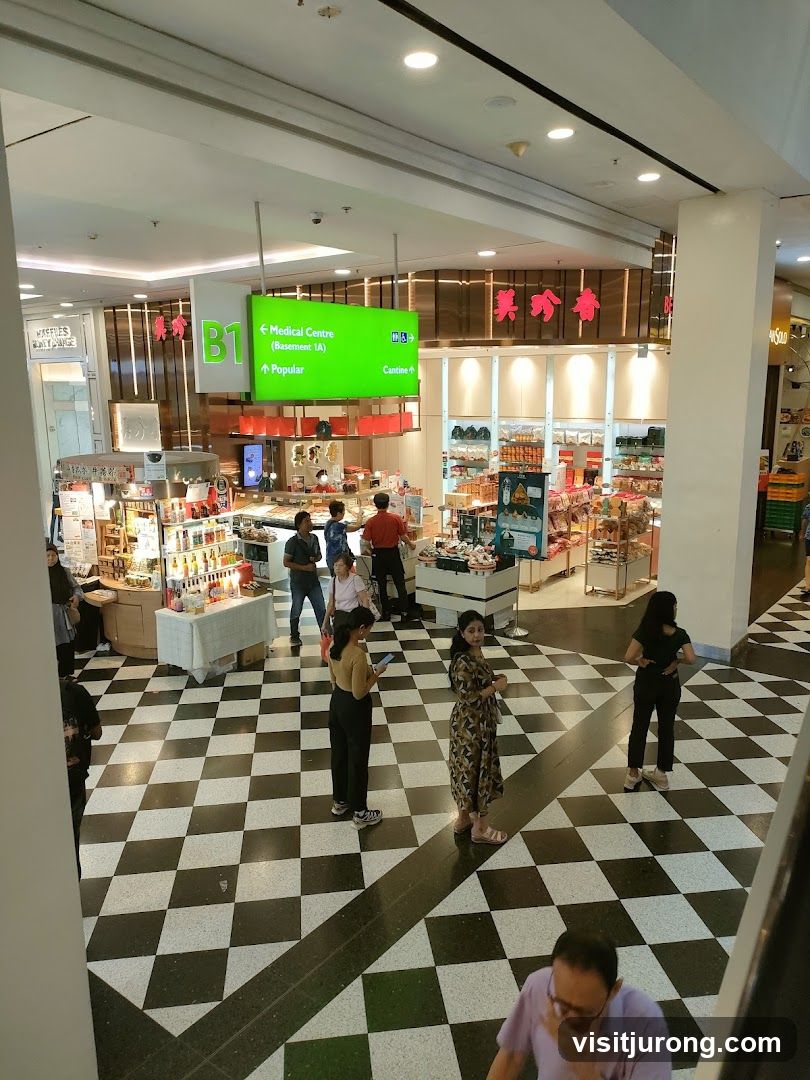 Indoor shopping mall with checkered floor