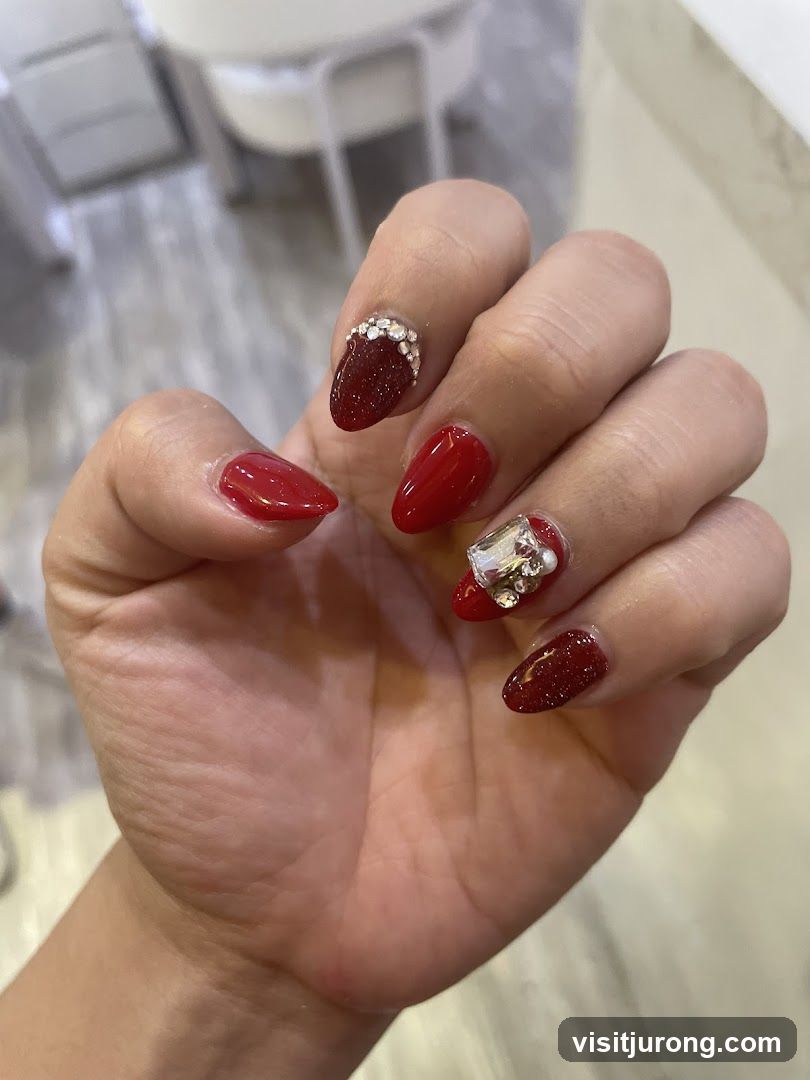 Red Nails with Rhinestones