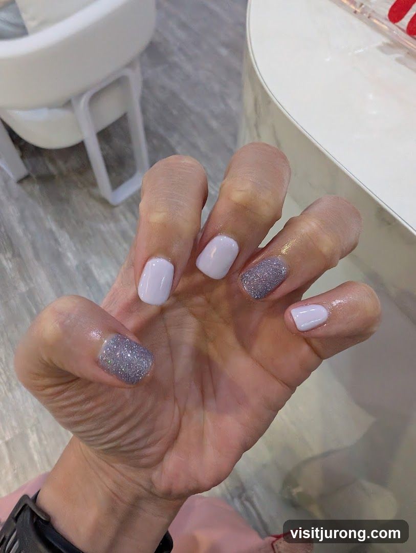 Manicured Hand with Light Purple and Glitter Nails