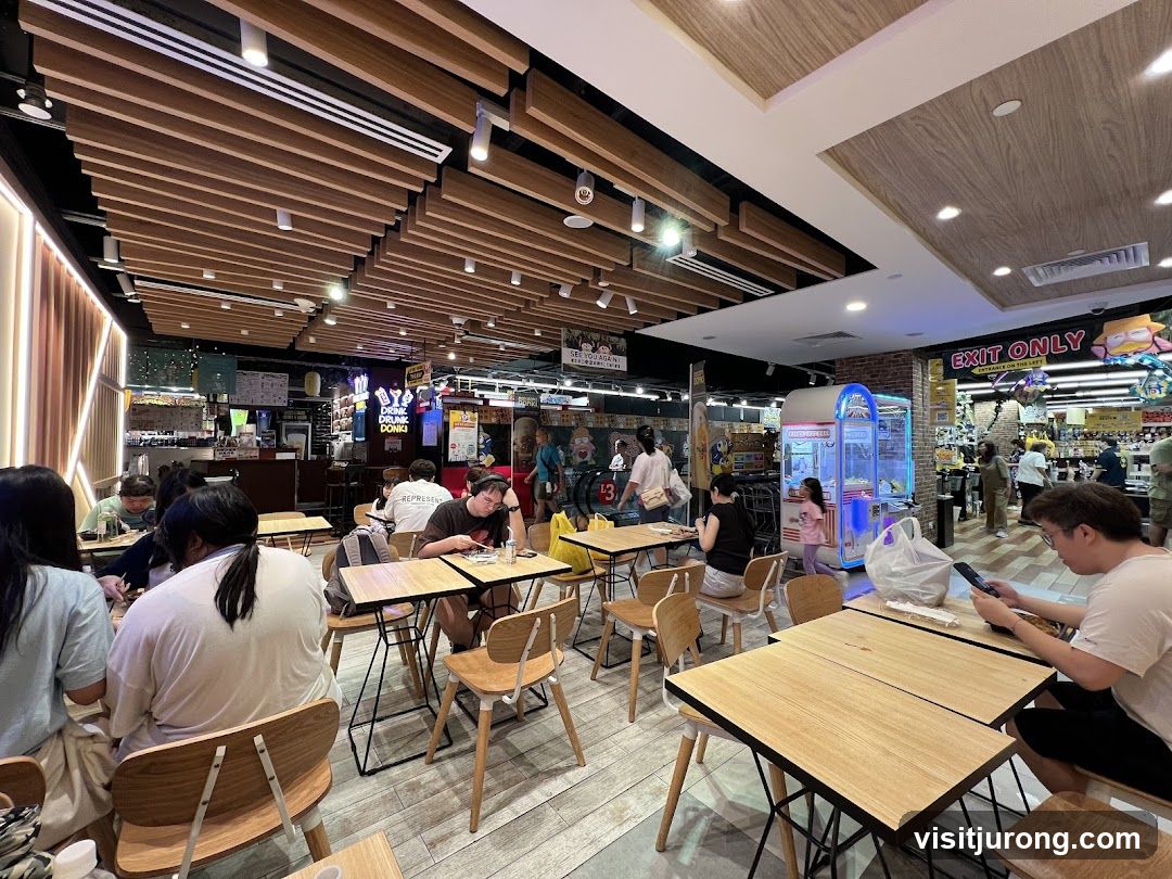 Indoor dining area with arcade games