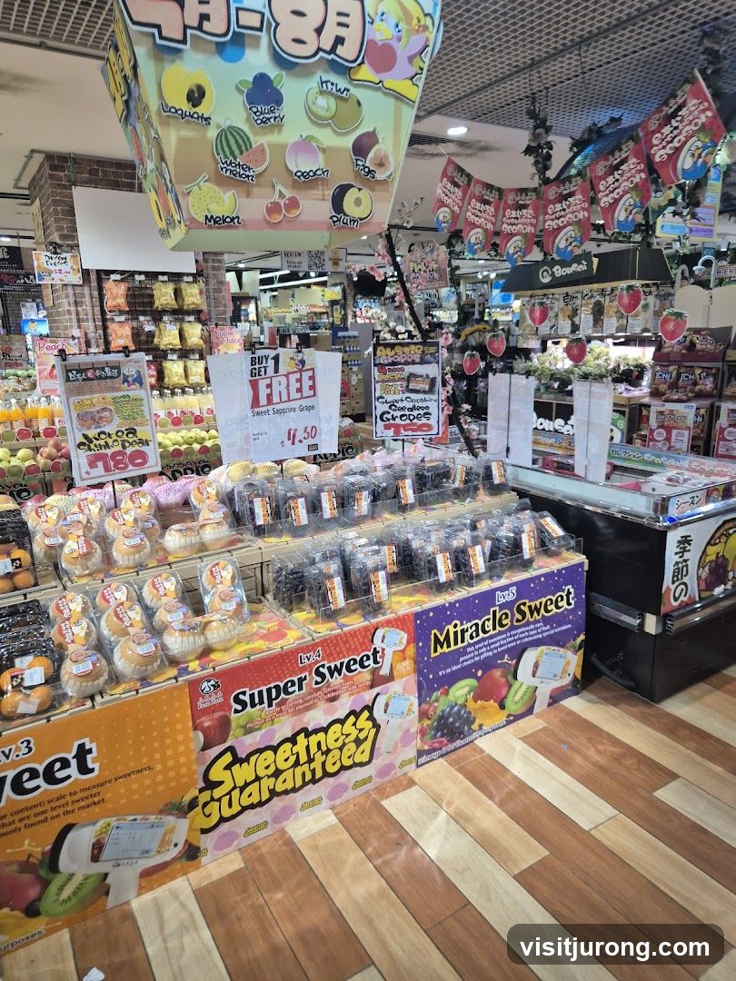 Fruit stand with various fruits and promotions