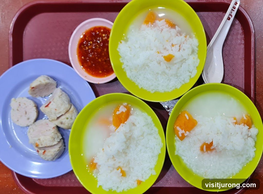 Congee with side of meatballs and chili sauce