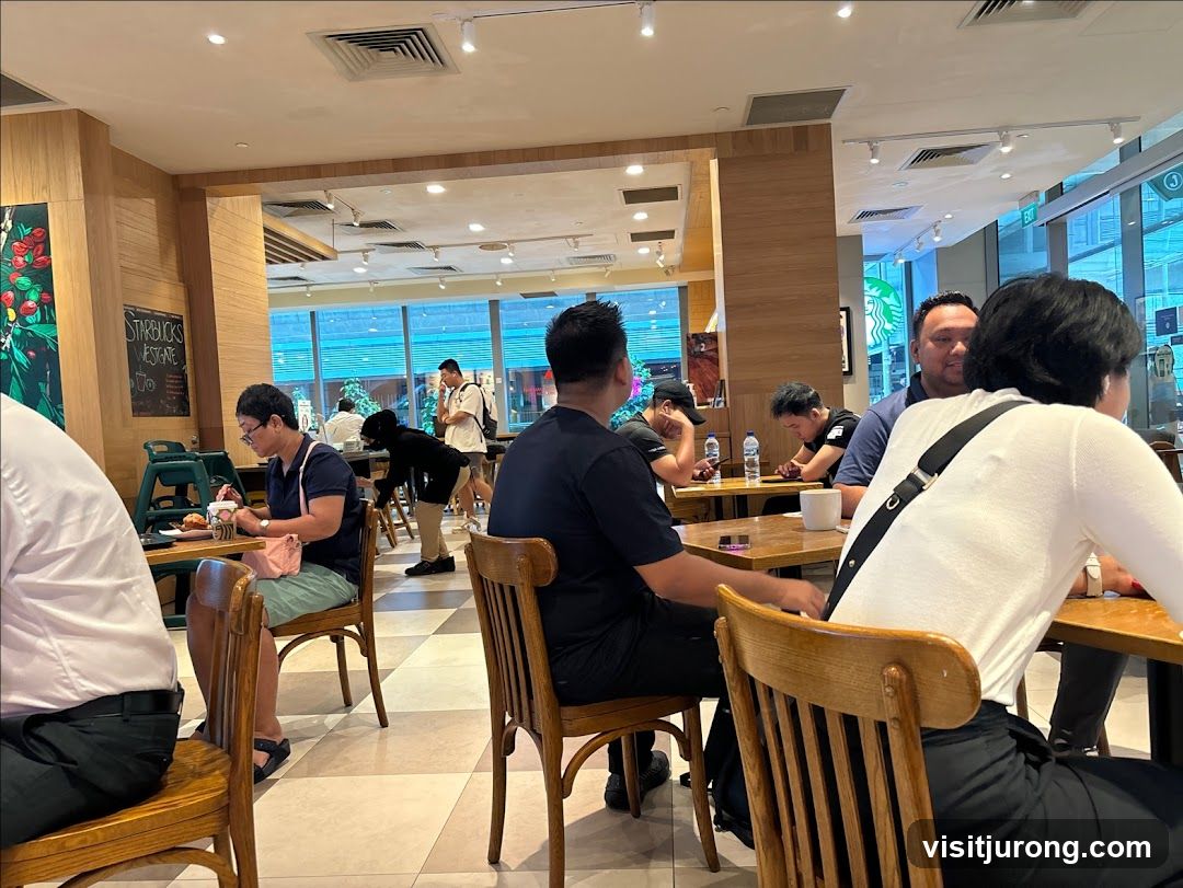 People sitting at tables in a Starbucks