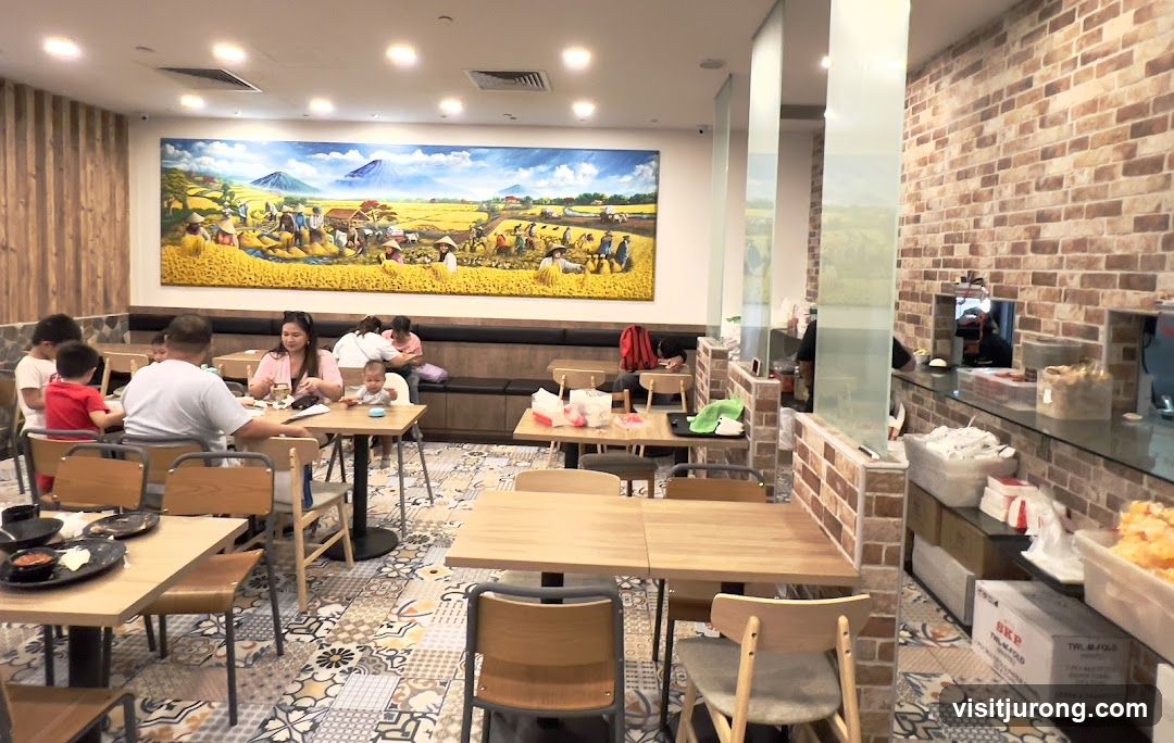 Restaurant Interior with Mural and Brick Accents