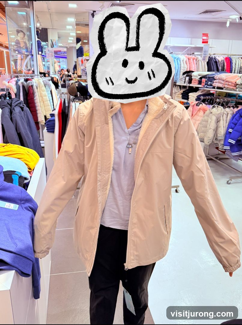 Person wearing a beige jacket in a clothing store