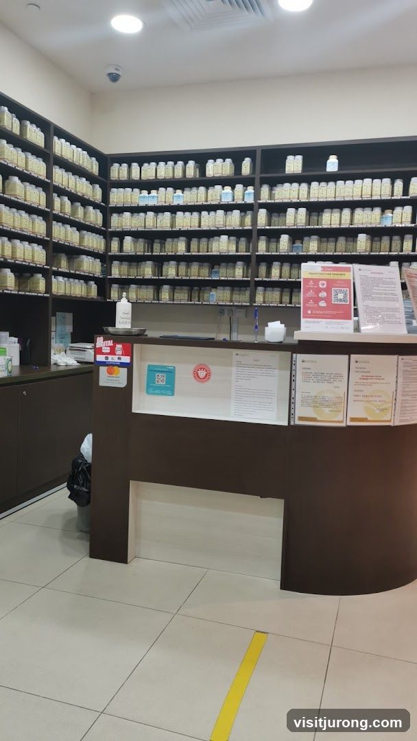 Pharmacy Counter with Shelves of Bottles