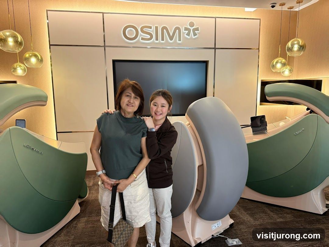 Two Women Posing with Massage Chairs