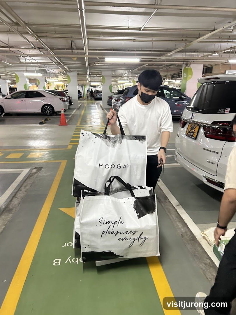 Person carrying shopping bags in a parking lot