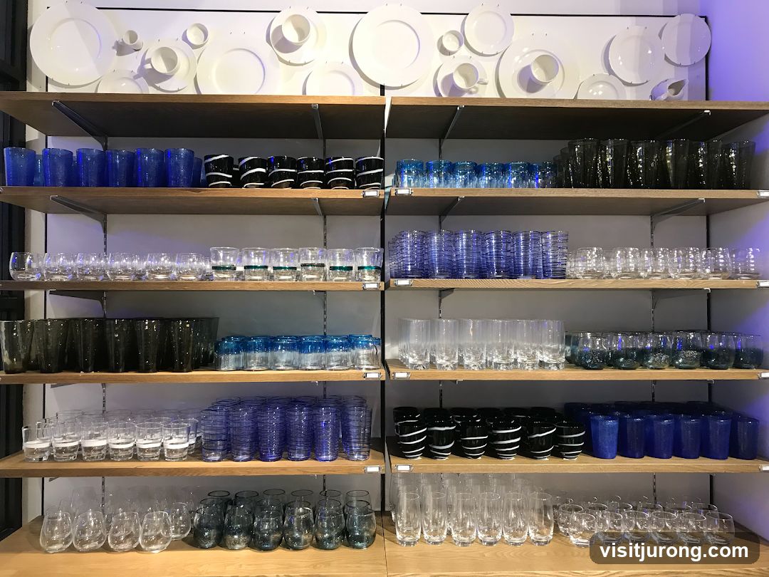 Shelves of glassware and plates