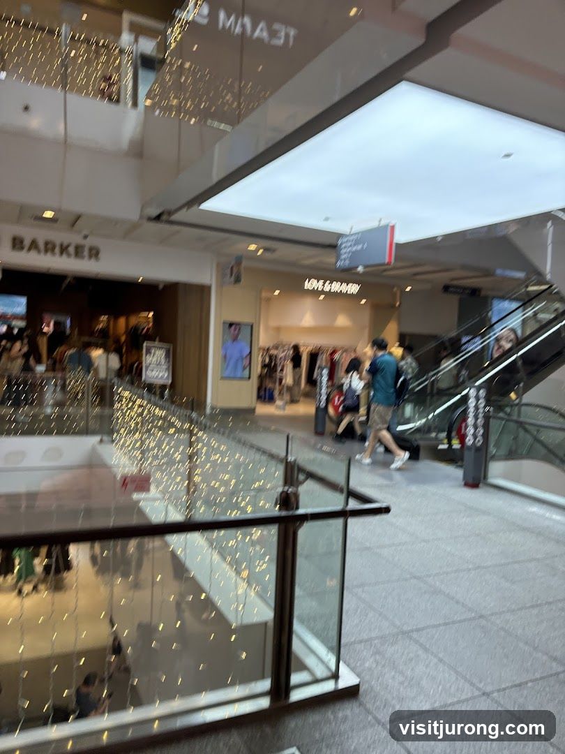 Mall Interior with Shops and Escalators