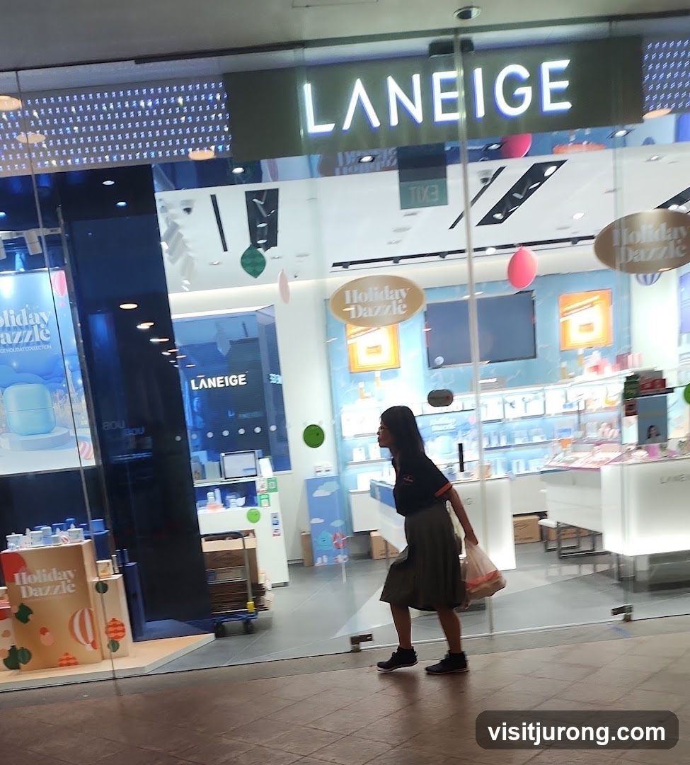 A woman walks past the glass storefront of a Laneige store. The store has a large illuminated sign that reads "LANEIGE" above the entrance. Inside, shelves are stocked with beauty products, and promotional displays for "Holiday Dazzle" are visible.