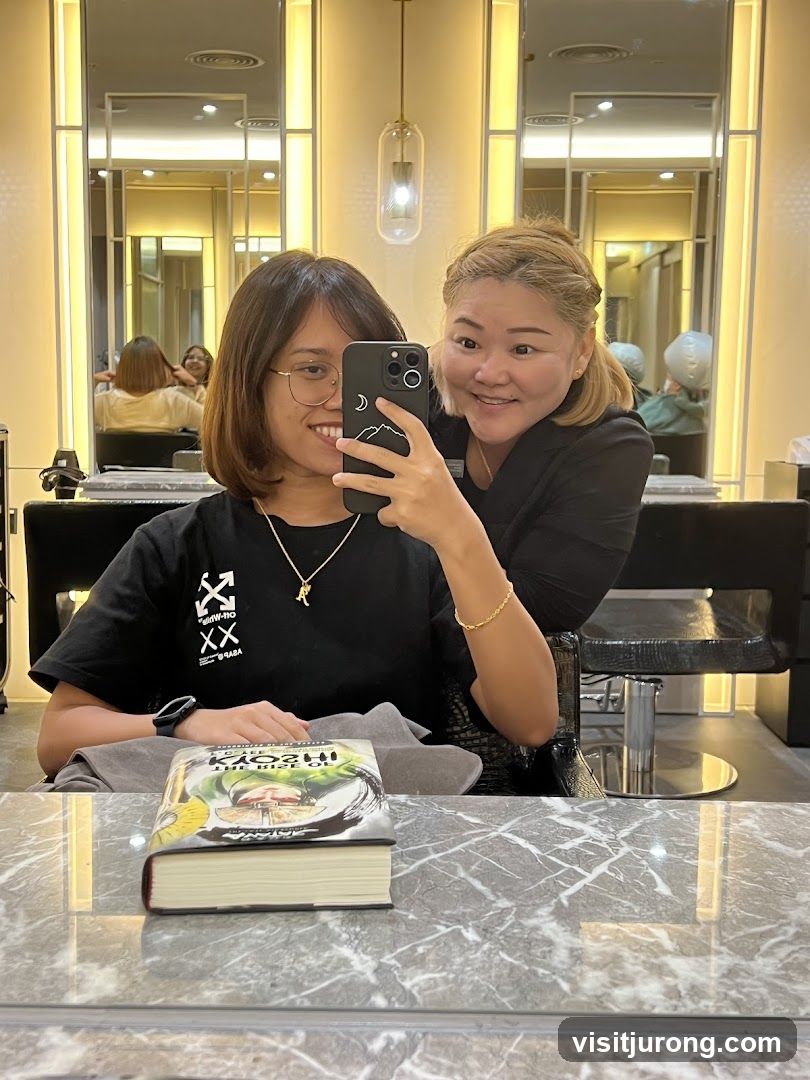 Two women taking a selfie in a salon