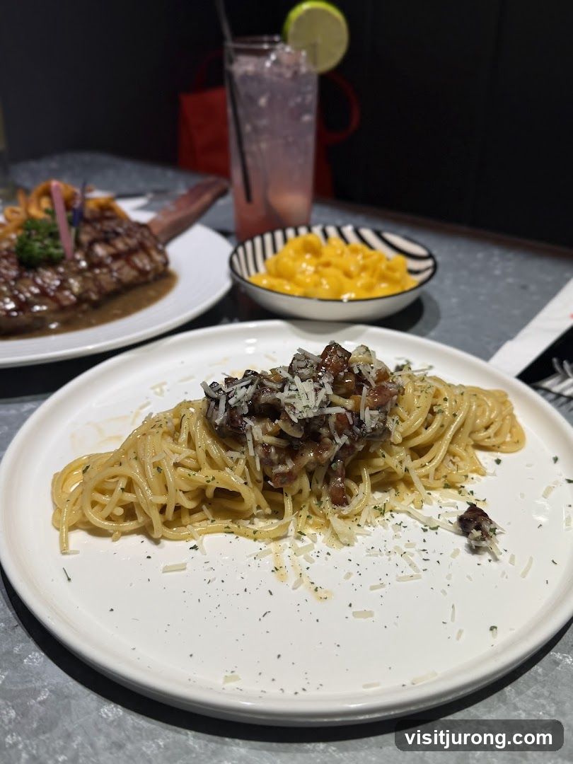 Spaghetti Carbonara and Steak Dinner