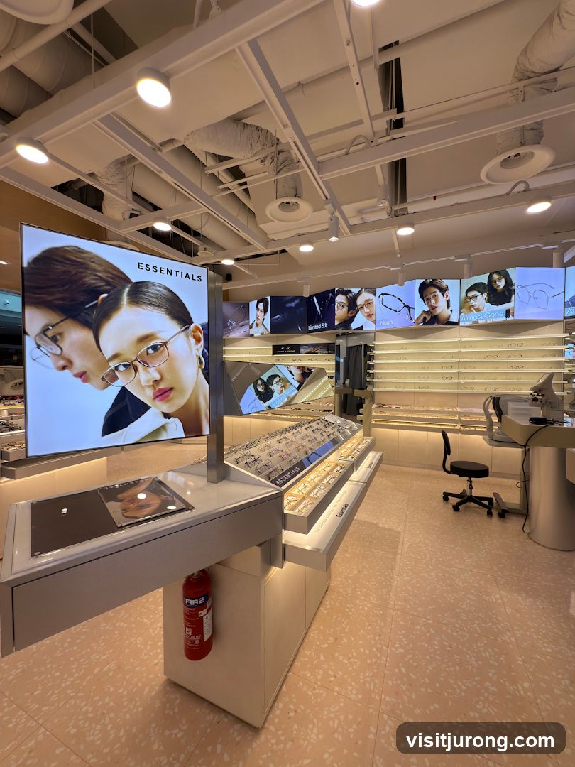 Eyewear store interior with digital displays and merchandise