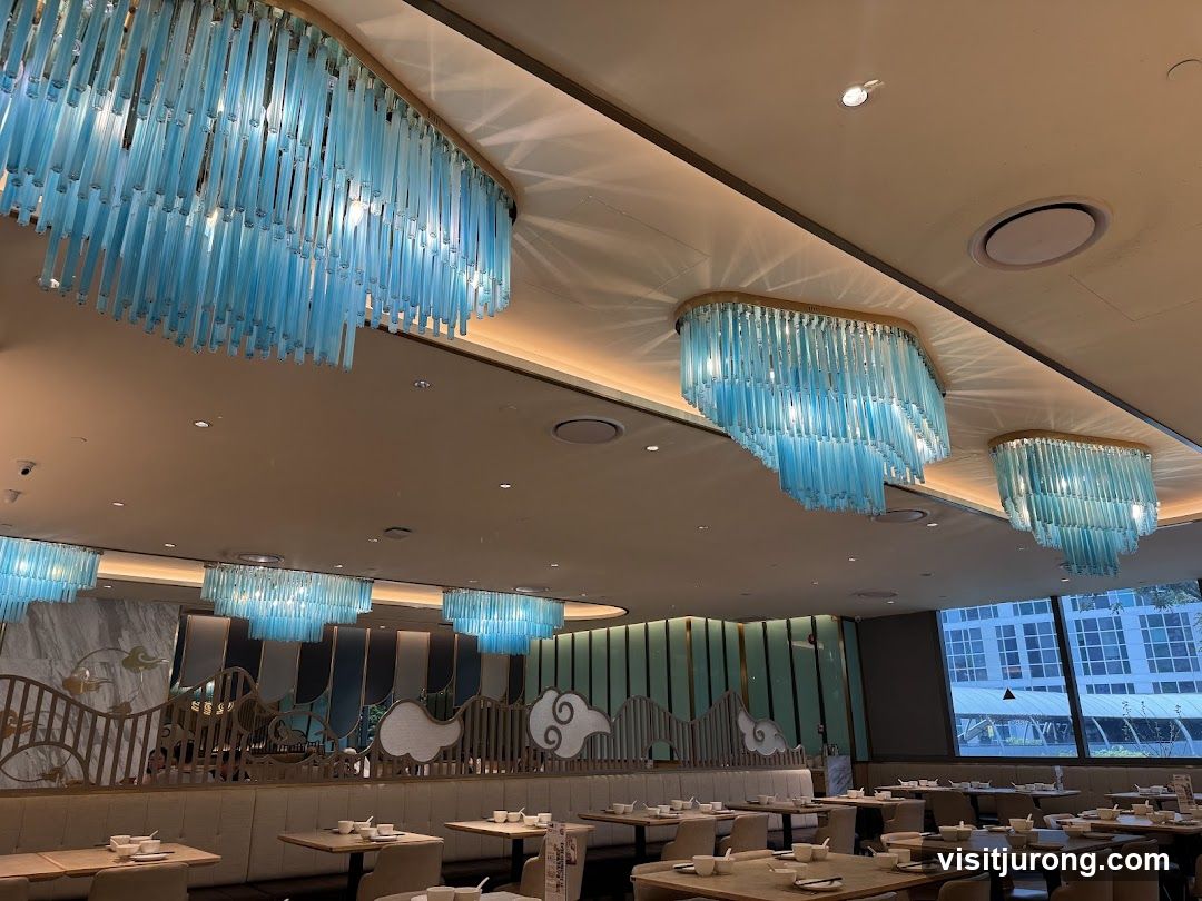 Restaurant Interior with Blue Chandeliers