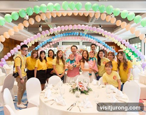 Group celebrating with balloons