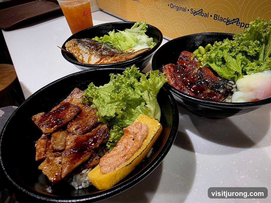 Three Bowls of Rice with Toppings and a Drink
