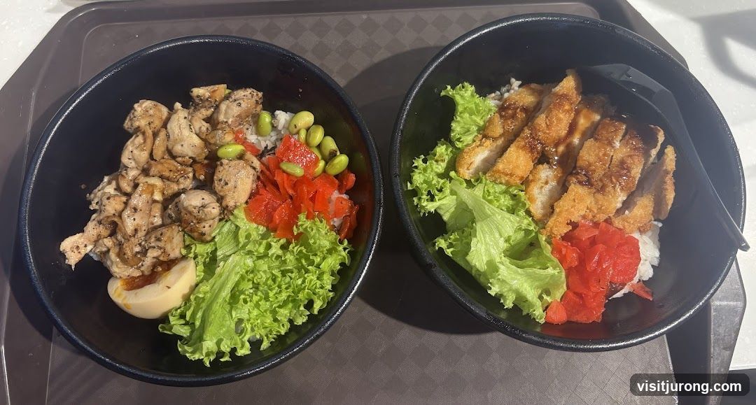 Two bowls of rice with toppings
