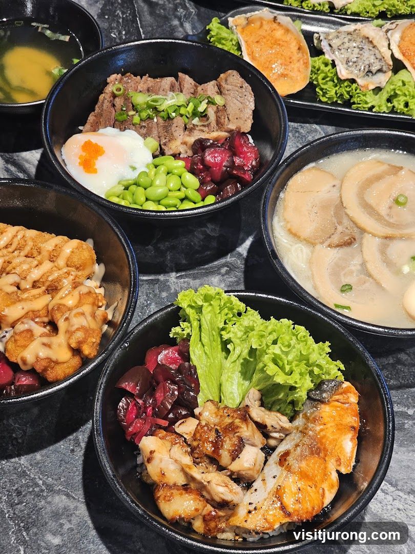 Assortment of Japanese Rice Bowls and Ramen