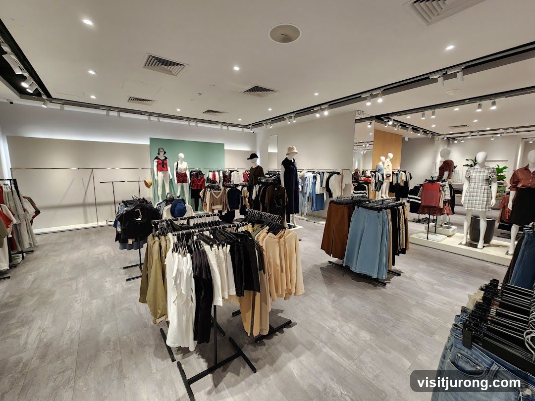 Clothing store interior with mannequins and racks of apparel
