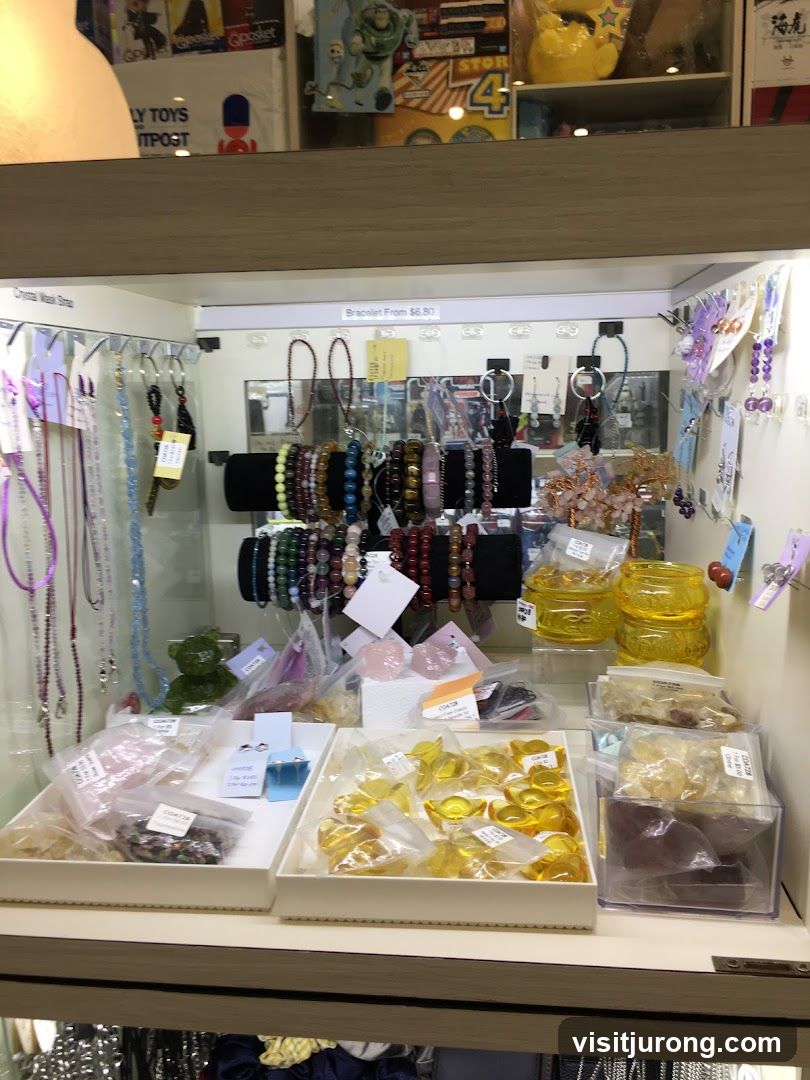 Display case with jewelry and trinkets