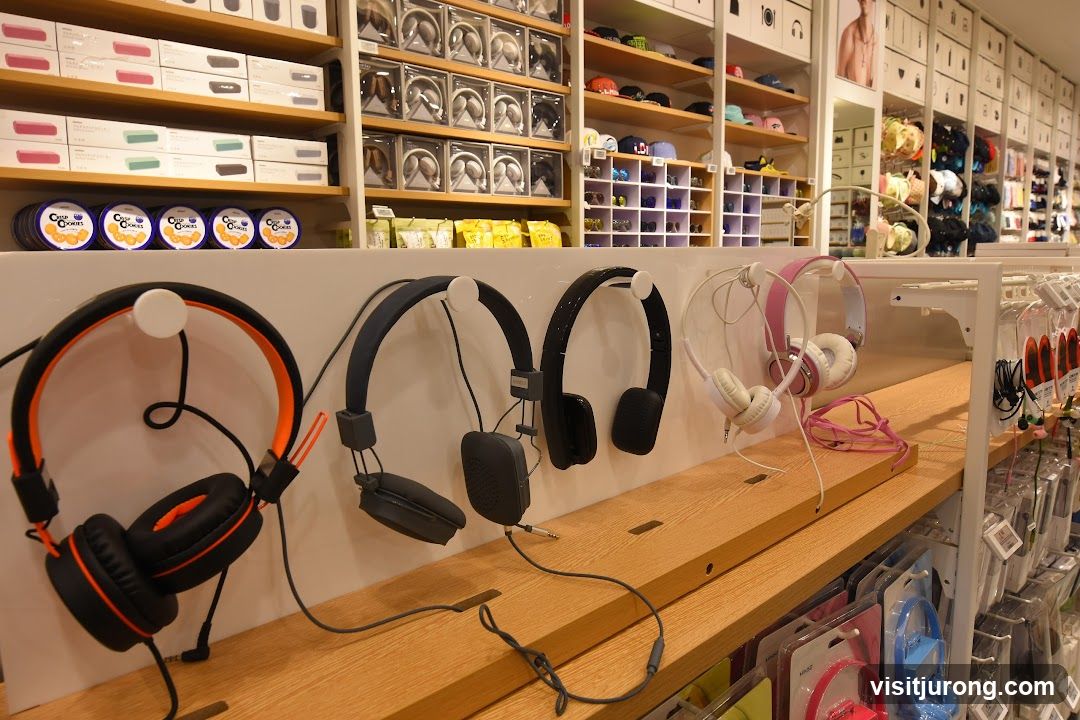 Headphones and other merchandise on display