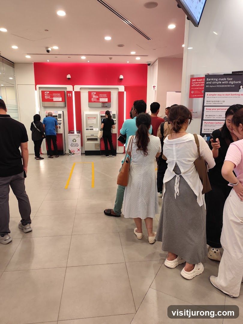 People waiting in line at ATMs