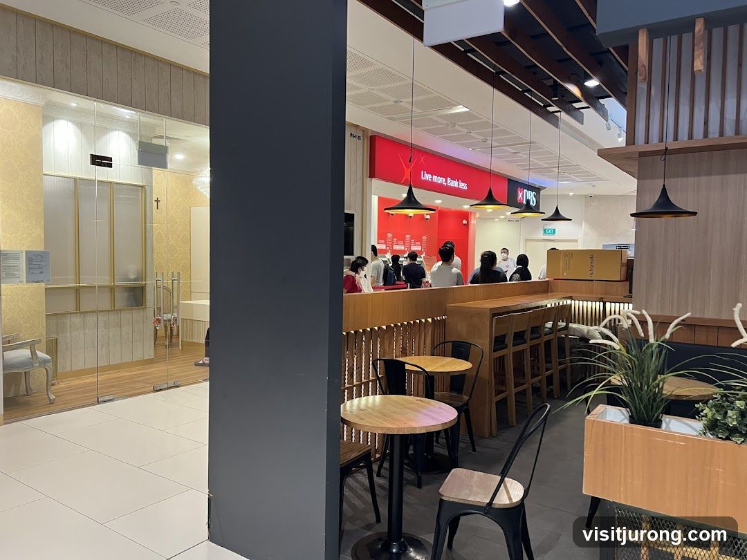 Interior of a cafe with a bank in the background