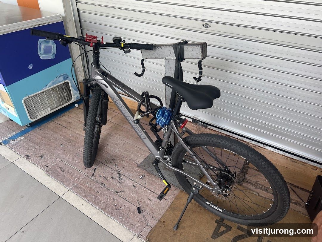 Bicycle parked outside a shop