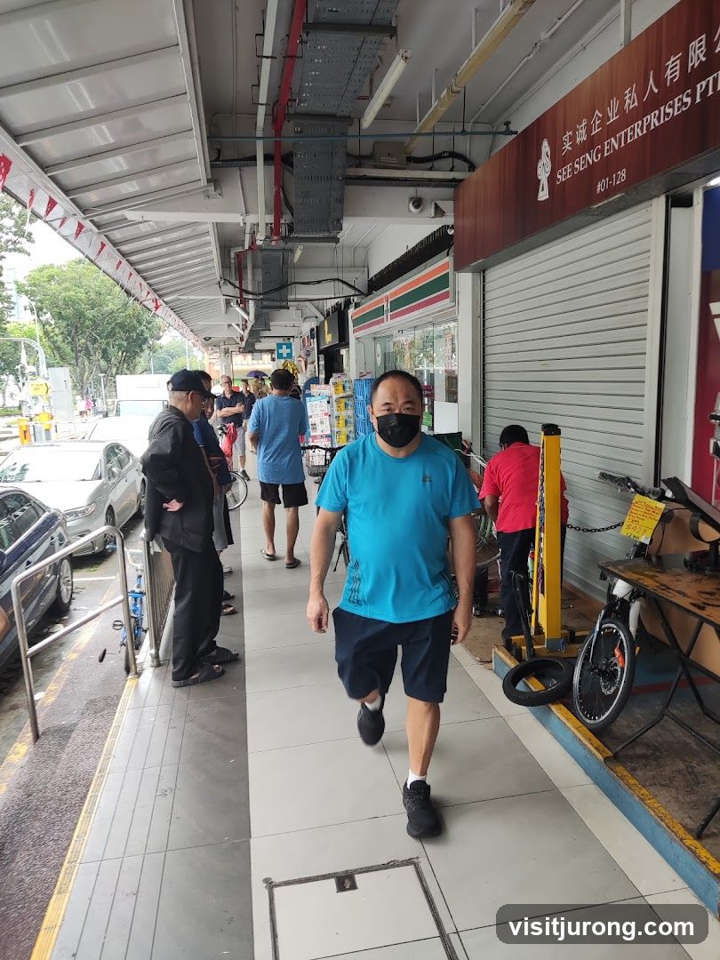 People walking on a sidewalk in front of shops