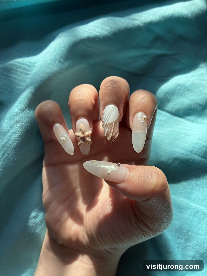 Nails with Seashell and Starfish Embellishments