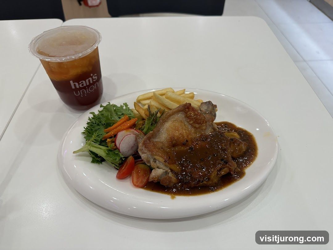 Chicken dish with fries and salad
