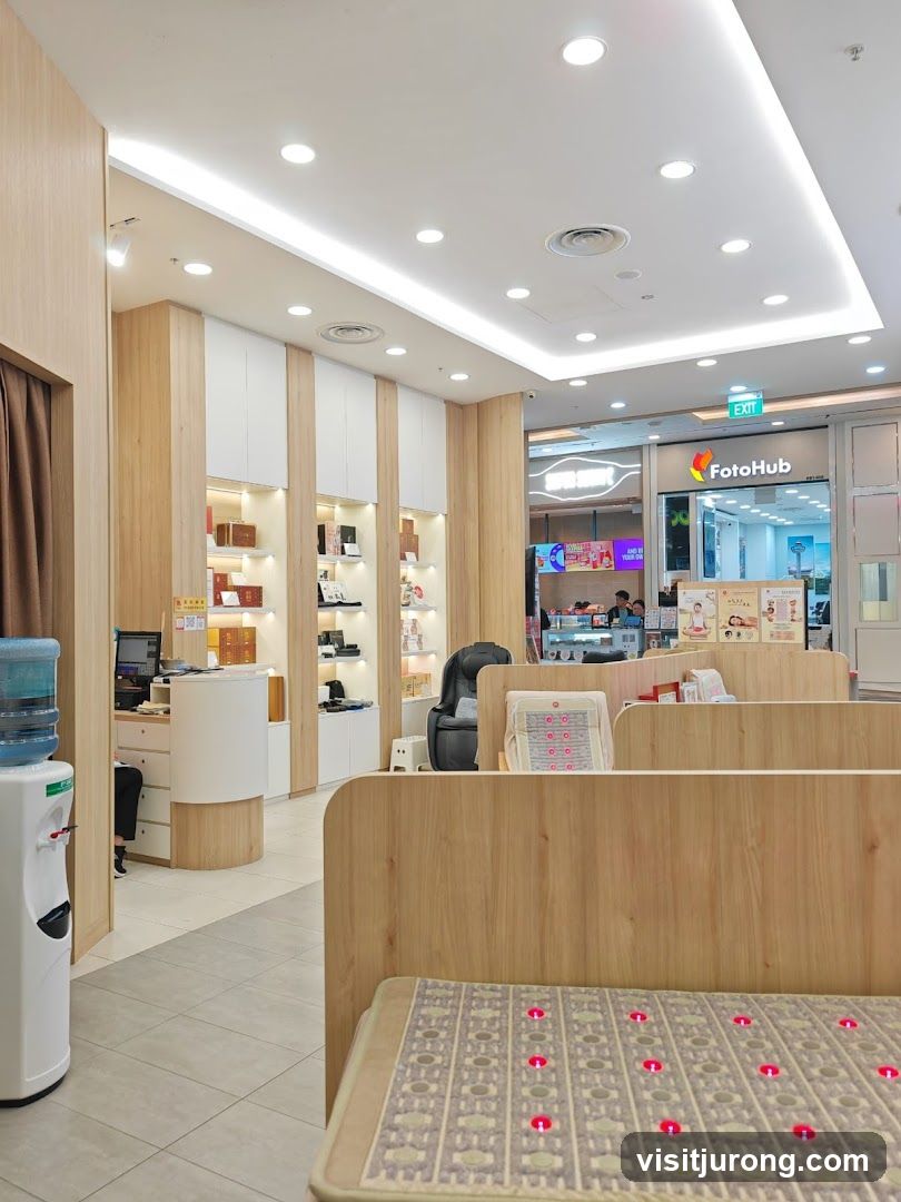 Interior of a retail store with display shelves and a massage chair