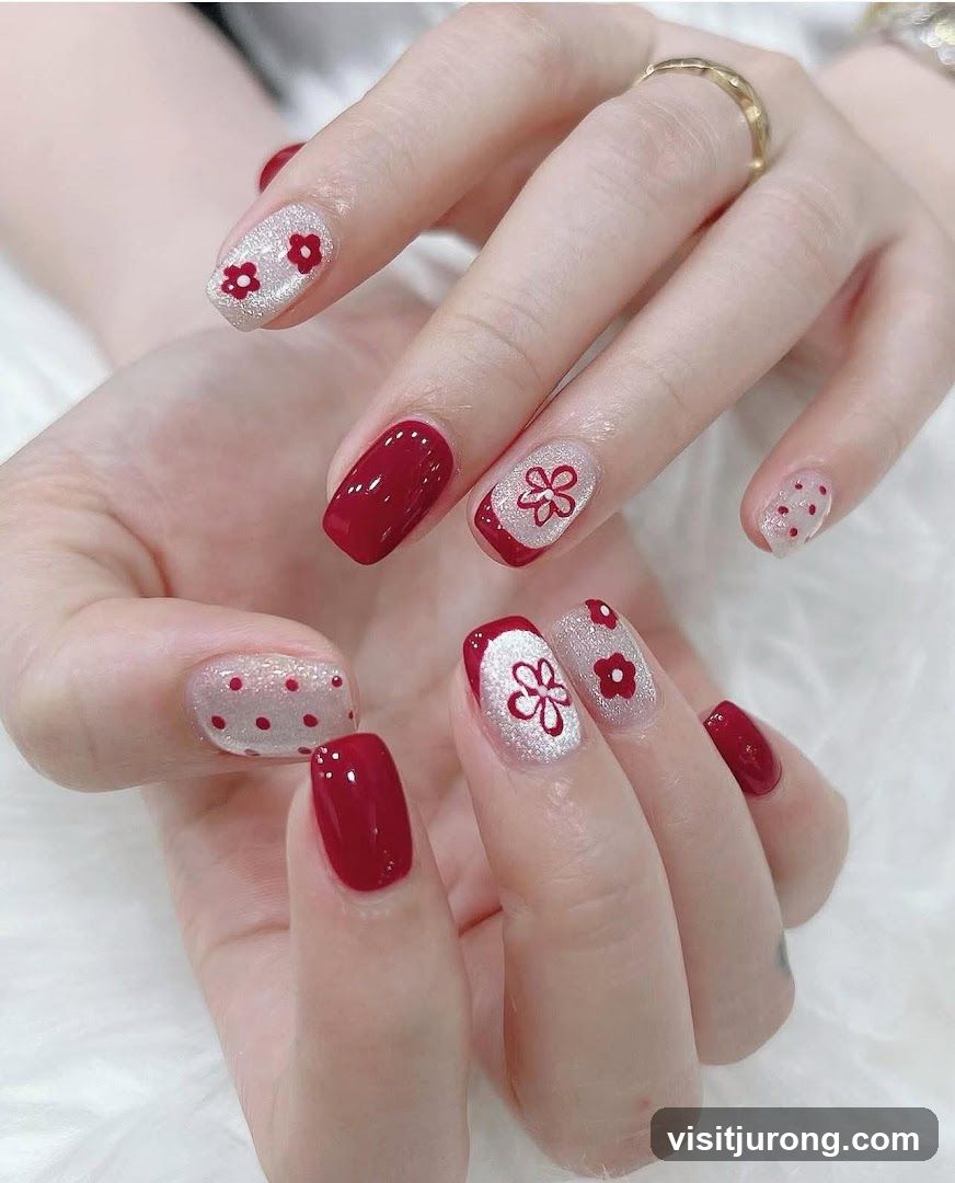 Red and White Floral Nail Art