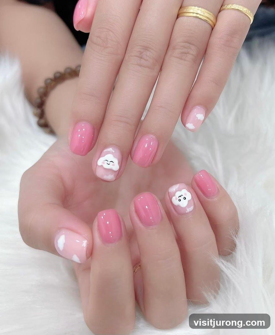 Pink Nails with Cloud Design