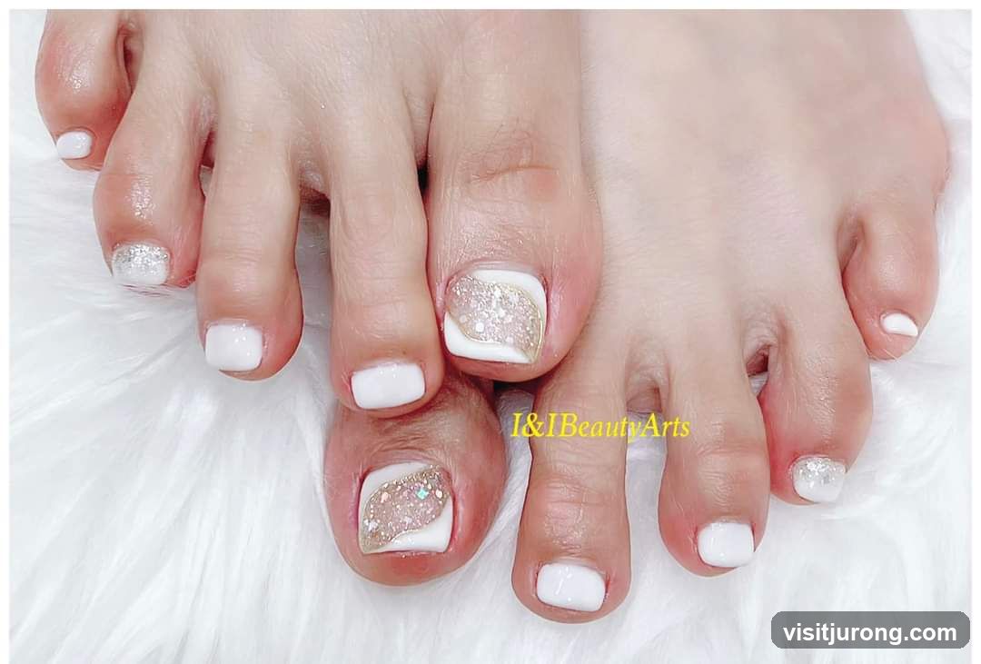 Pedicure with White and Glitter Accents