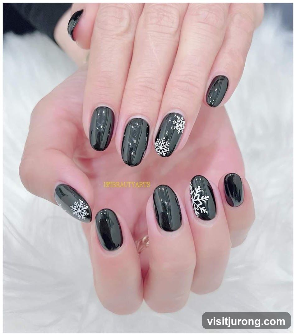 Black Nails with Snowflake Design