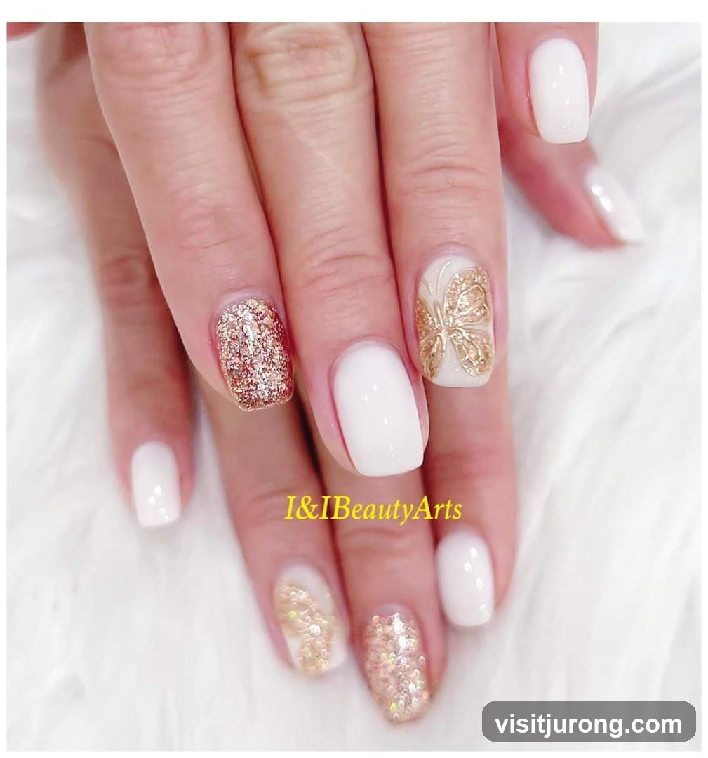 White and Gold Butterfly Nails
