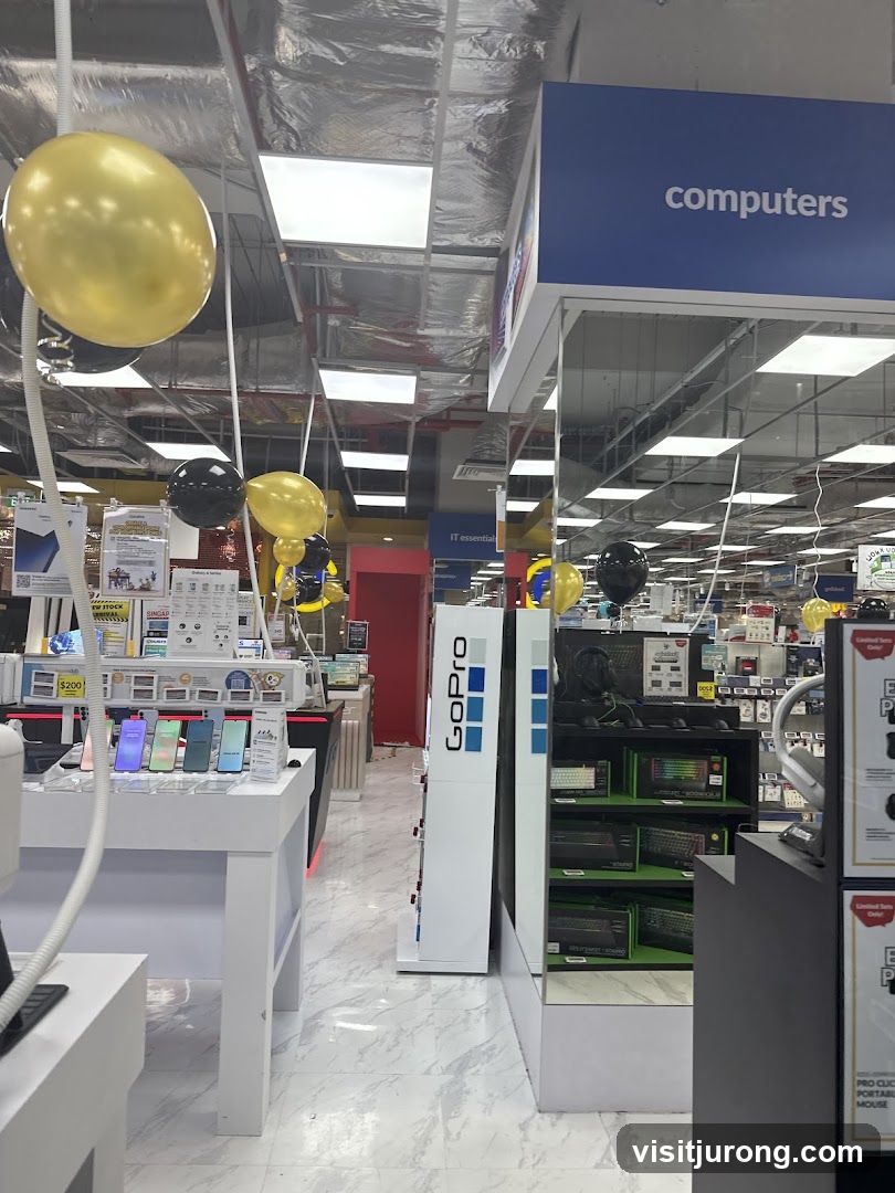 Electronics store interior with balloons