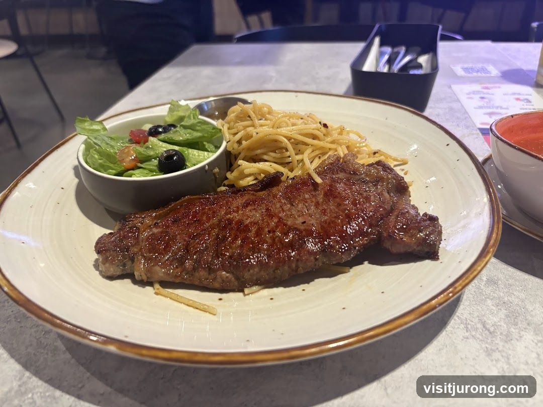 Steak with Spaghetti and Salad