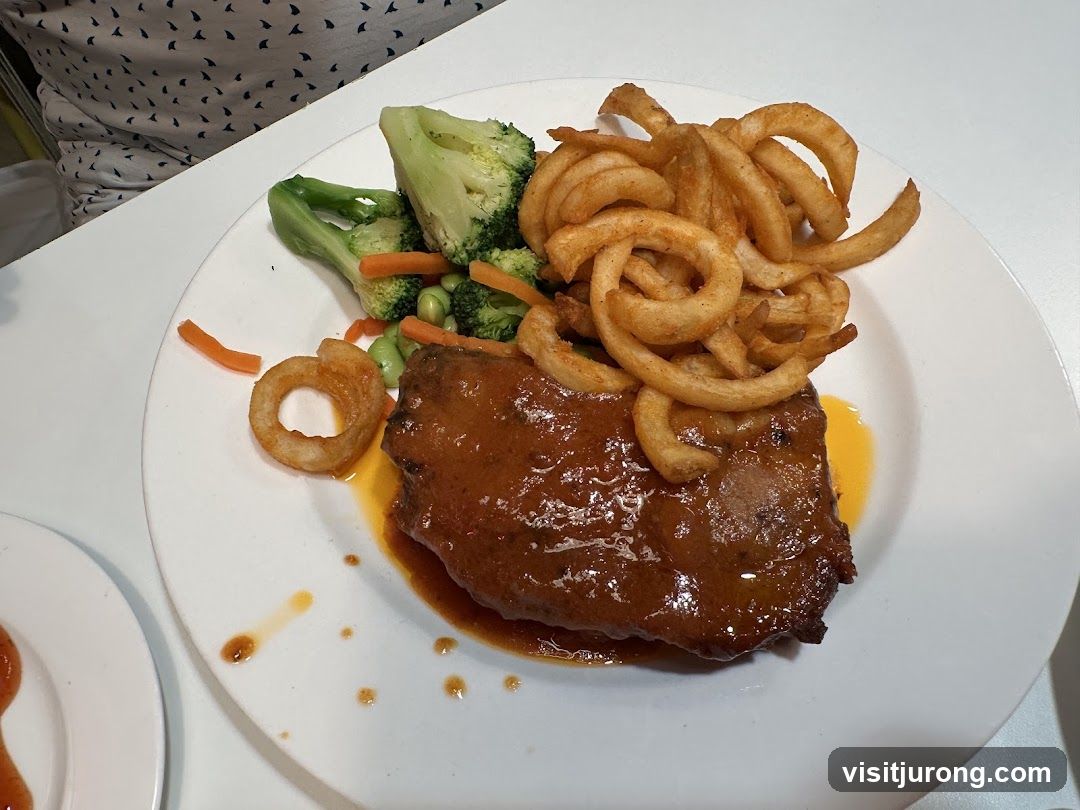 Steak with Curly Fries and Vegetables