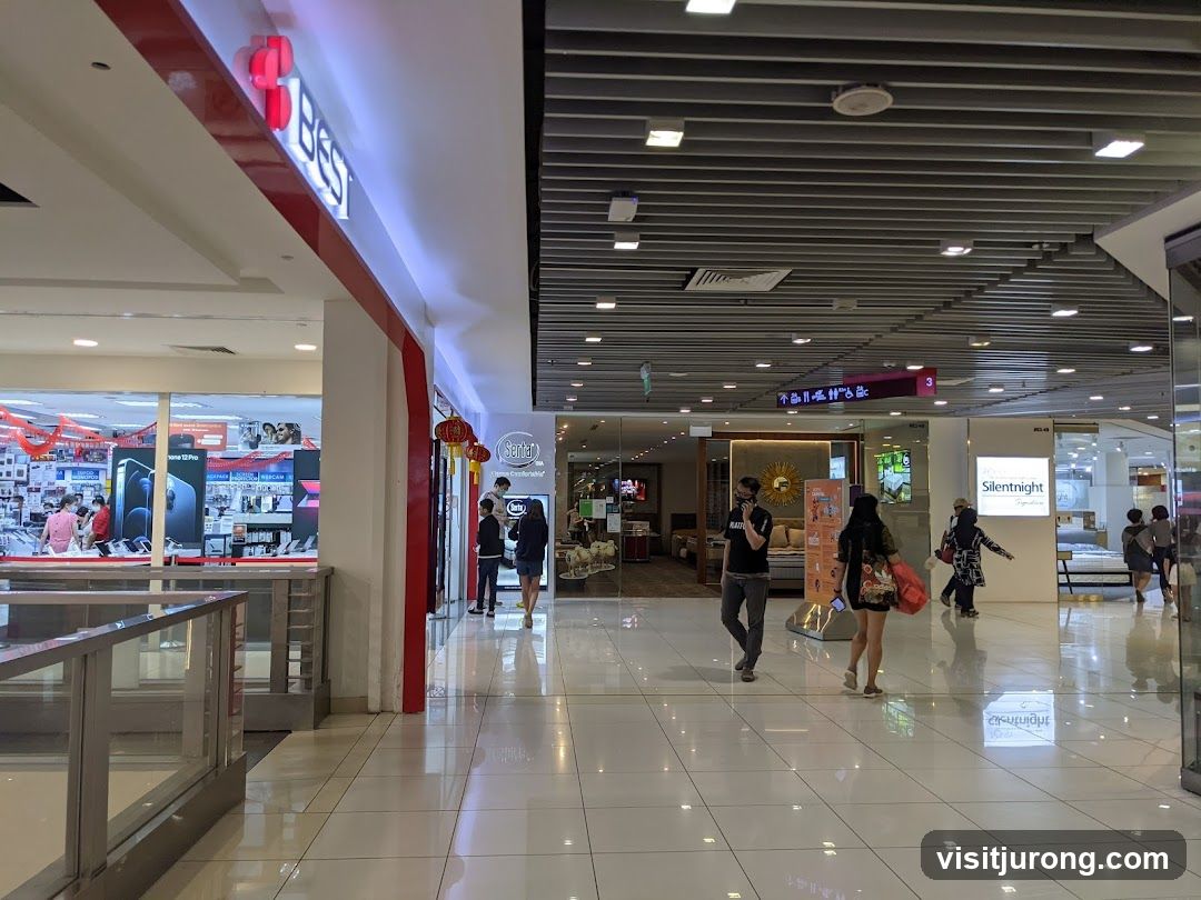 Shopping mall interior with storefronts