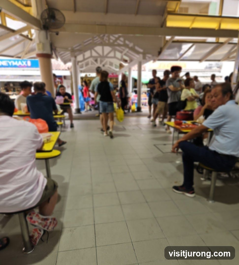 Food court with people dining and walking