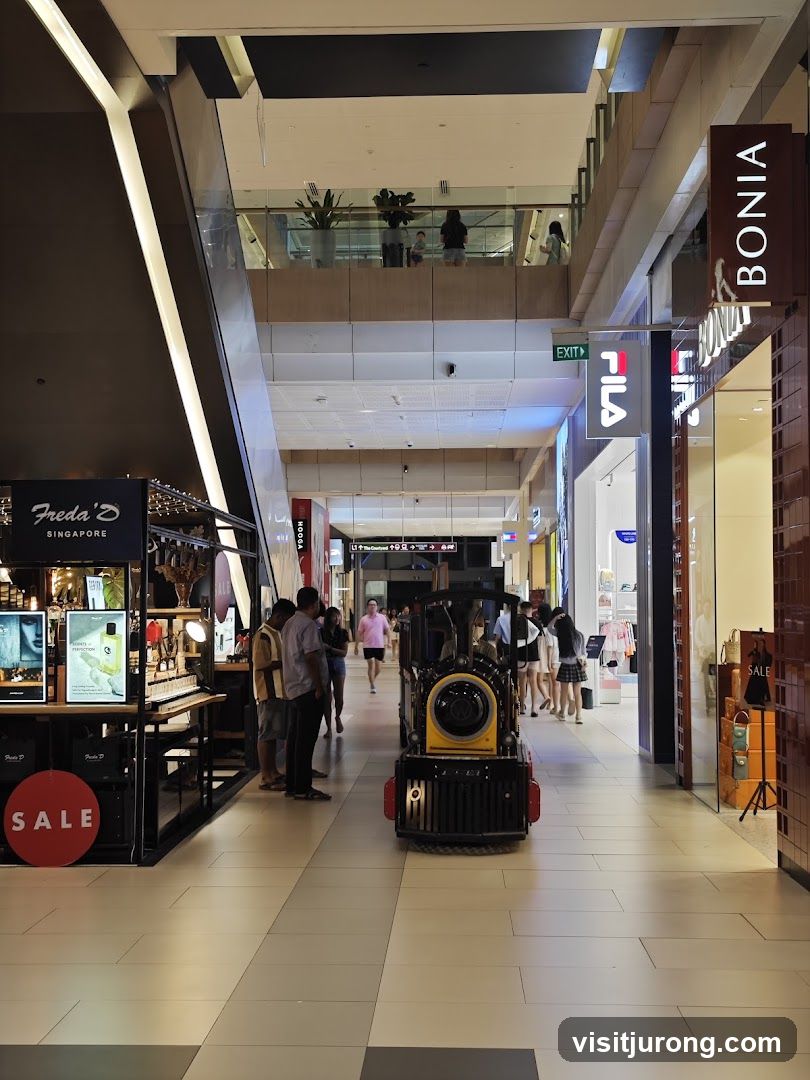 Shopping mall interior with various stores and a toy train