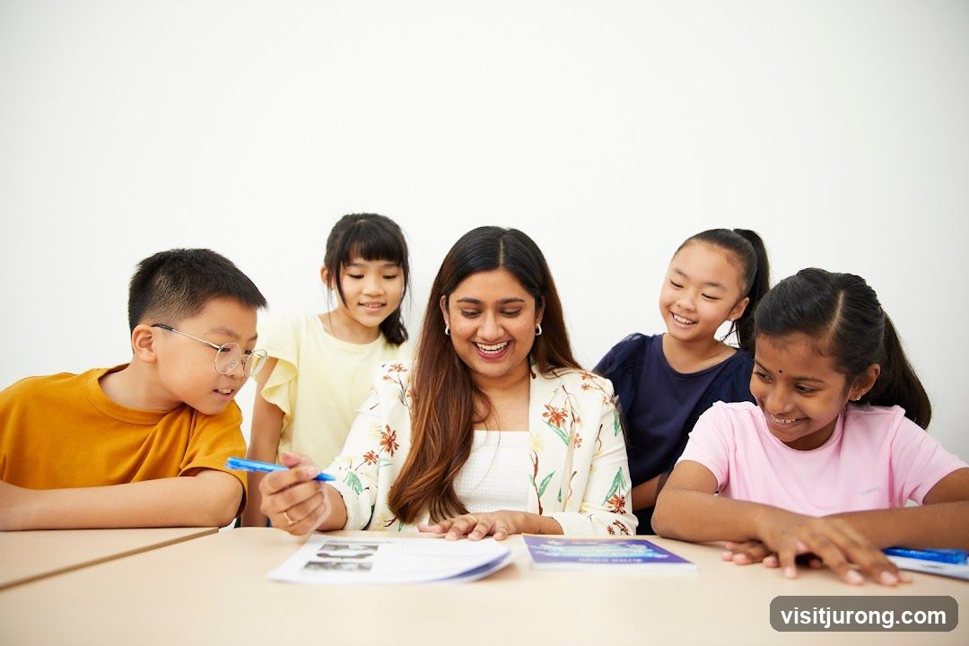 Teacher and students looking at papers